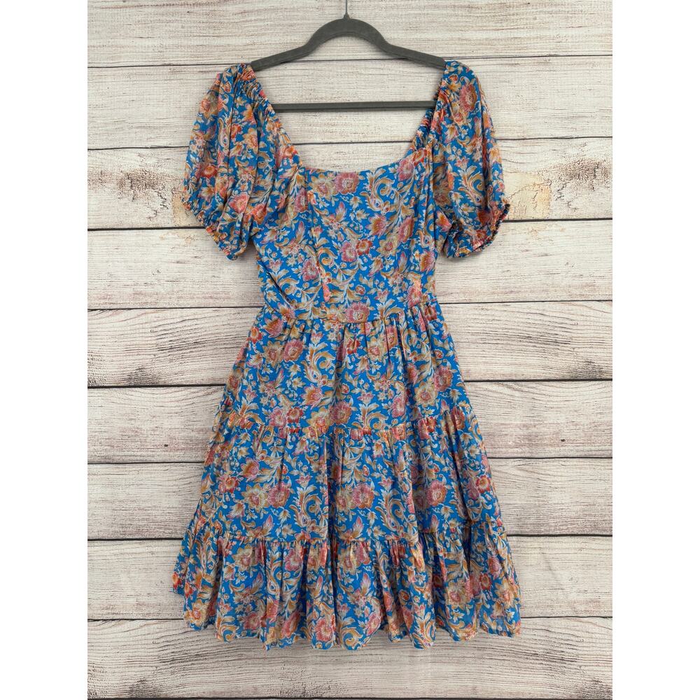 1 State Floral Off Shoulder Mini Dress Womens‎ Small Blue Pink Tie Back